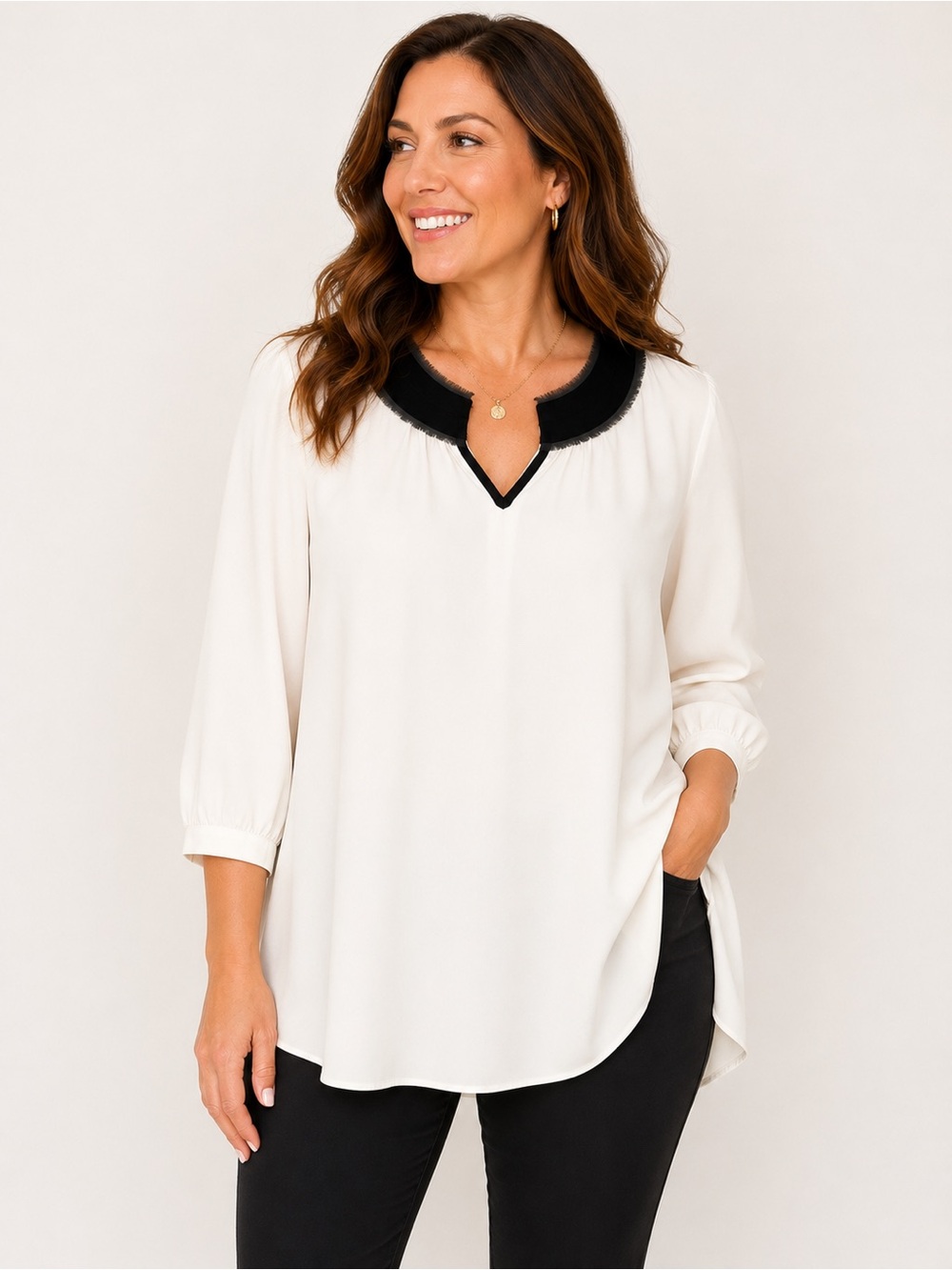 Chico’s Soft Ease Amber 3/4 Sleeve Tunic Blouse Top Ivory & Black Size Large NEW